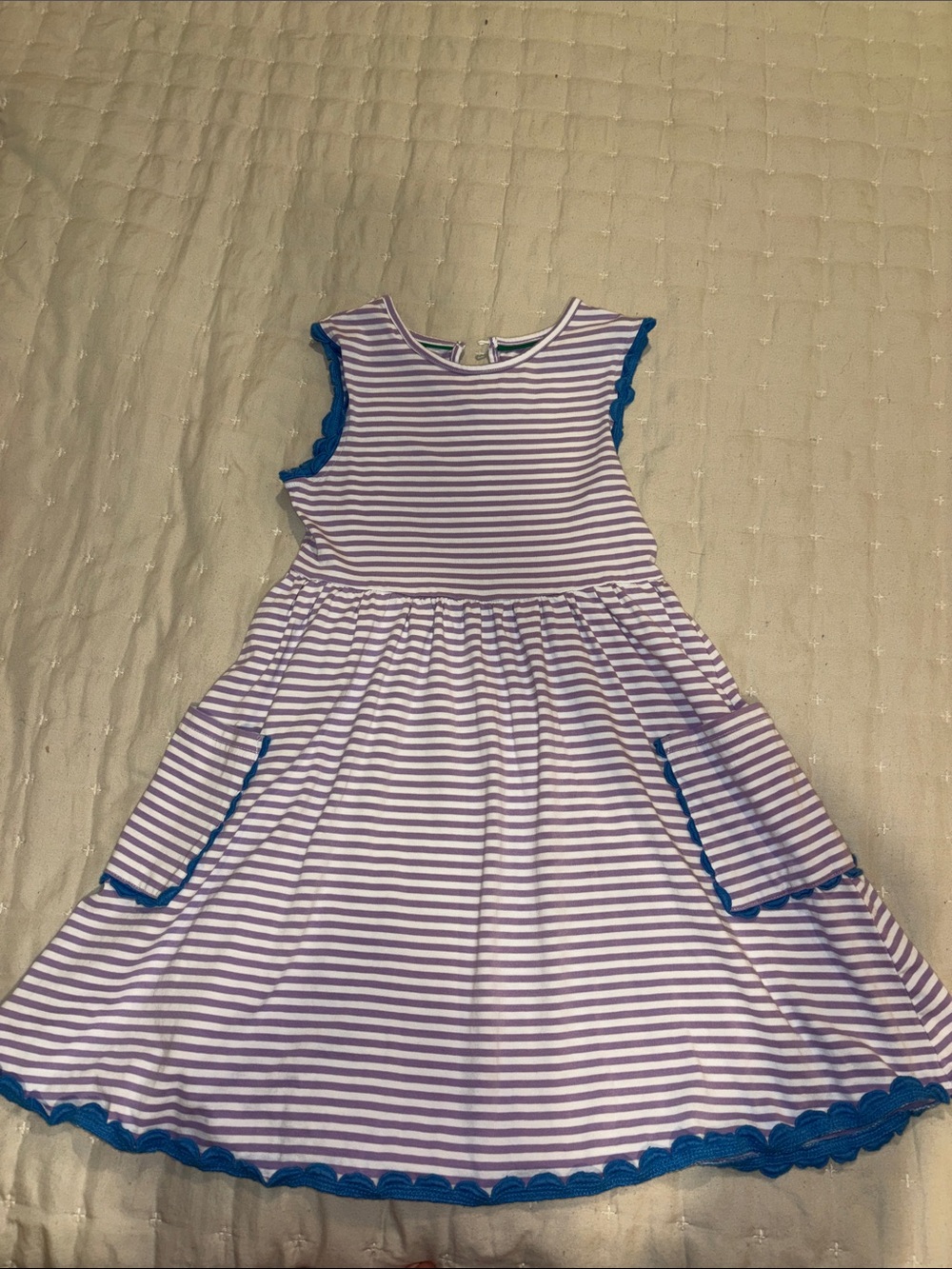 Girls' Lavender & White Striped Dress with Blue Trim